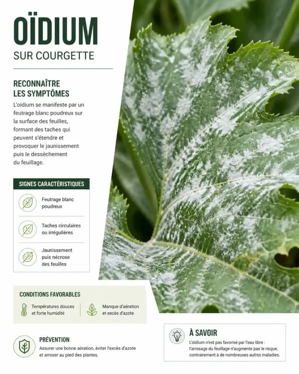 Feuille de courgette atteinte par l'oïdium, traitement oïdium courgette