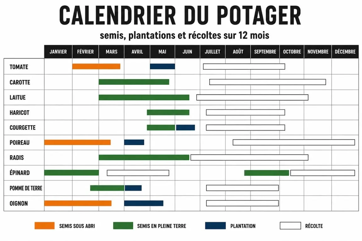 Calendrier des plantations potager annuel avec repères de semis, plantation et récolte