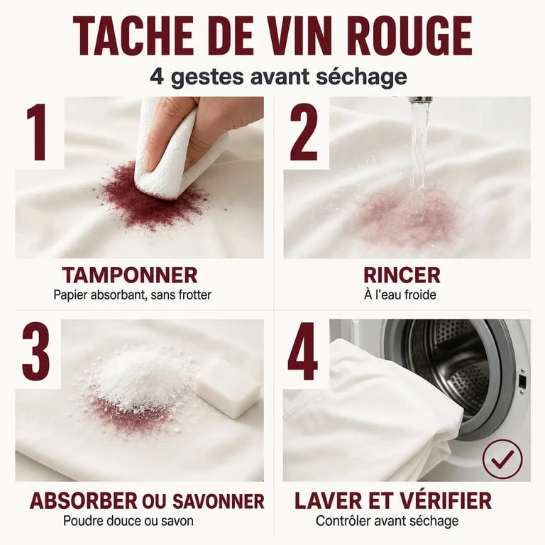 Comment enlever des taches de vin rouge : étapes simples pour tamponner, rincer à l’eau froide et détacher un textile