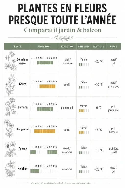 Infographie sur plante qui fleurit toute l’année avec comparaison de la floraison, de l’exposition et de l’entretien