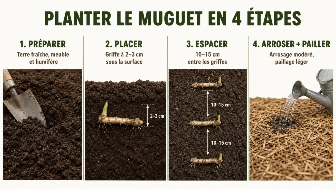 Quand et comment planter le muguet : schéma des étapes de plantation avec profondeur de 2 à 3 cm et espacement de 10 à 15 cm