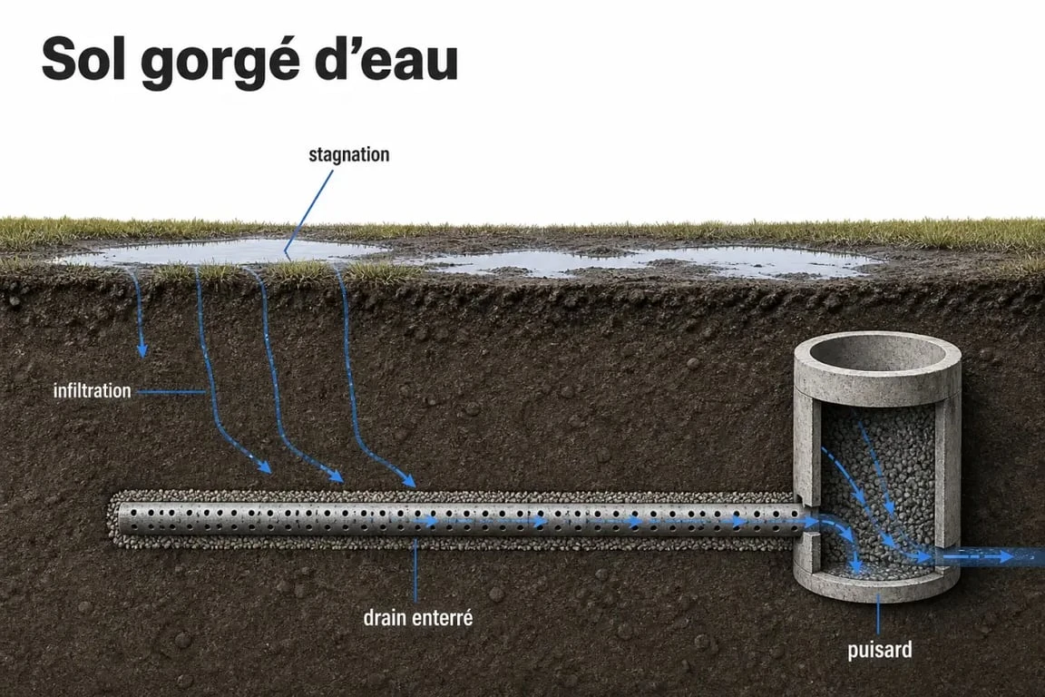 Schéma d’un terrain gorgé d’eau montrant le drainage et l’écoulement de l’eau