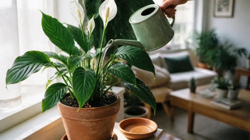 Entretenir un spathiphyllum : lumière indirecte et arrosage modéré, feuilles vertes, spathes blanches