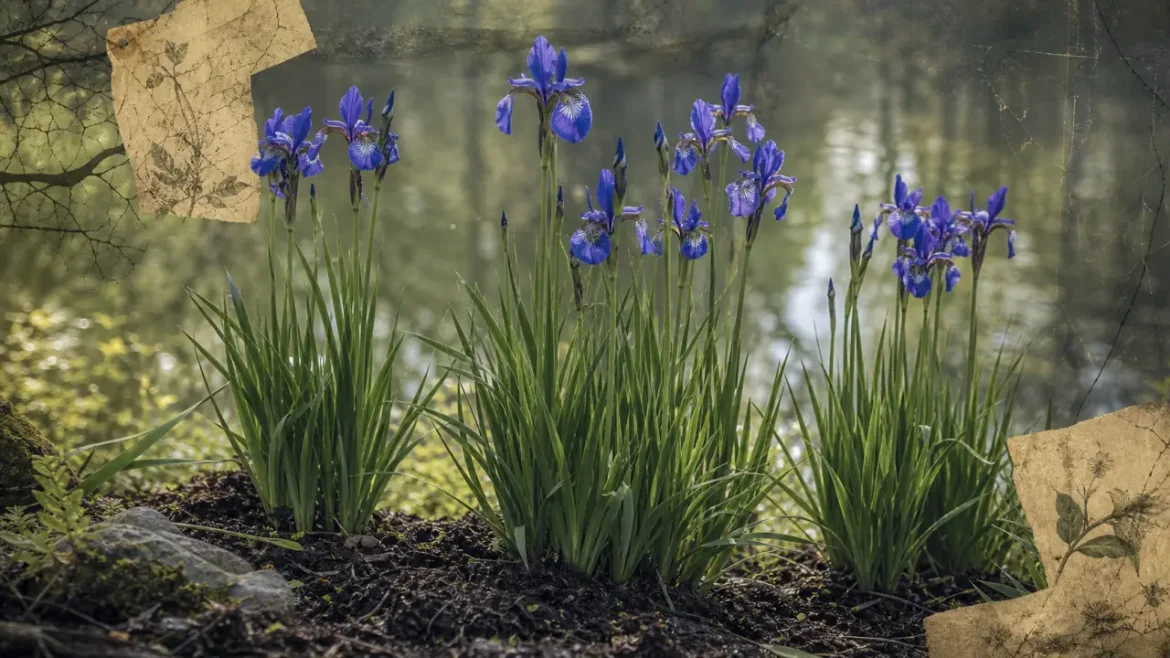 Iris sibirica en sol humide, floraison mai à juin, fleurs bleu-violet