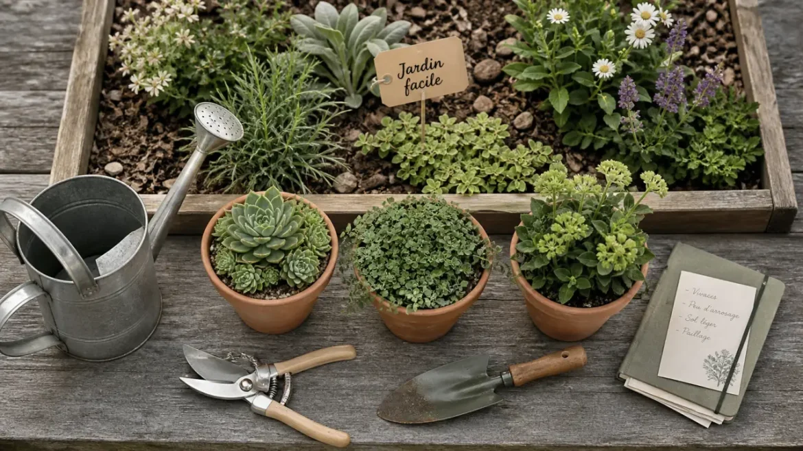 Jardiner facile : pots de terre cuite, arrosoir et plantes robustes pour réduire l’entretien