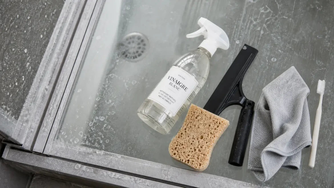 Nettoyer paroi douche calcaire : vinaigre blanc et éponge contre traces de calcaire sur le verre