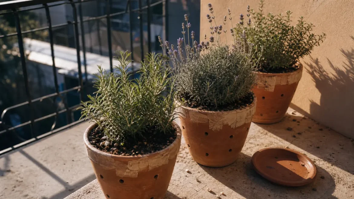 Plantes pour terrasse ensoleillée plein sud en pots en terre cuite sur terrasse