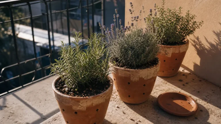 Plantes pour terrasse ensoleillée plein sud en pots en terre cuite sur terrasse
