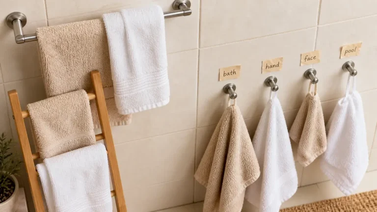 Rangement serviette : 4 solutions pour libérer de l’espace sans percer Rangement serviette sans percer : serviettes pliées et suspendues