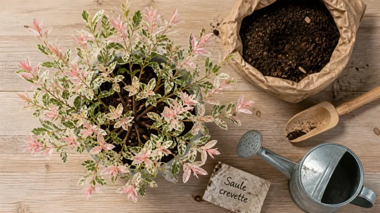 Saule crevette en buisson en pot, feuillage rose et panaché