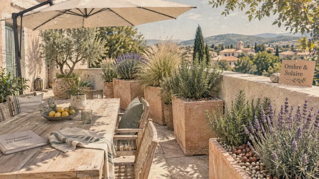 Comment aménager une terrasse exposée plein sud : parasol déporté, bacs et plantes