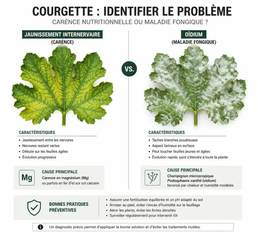 Différence visuelle entre carence minérale et oïdium sur feuilles de courgettes qui jaunissent
