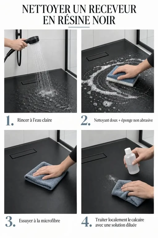 Nettoyer un receveur de résine noir avec rinçage, éponge douce et microfibre