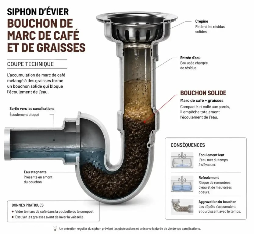 Schéma en coupe d'un siphon montrant l'accumulation de marc de café dans les canalisations