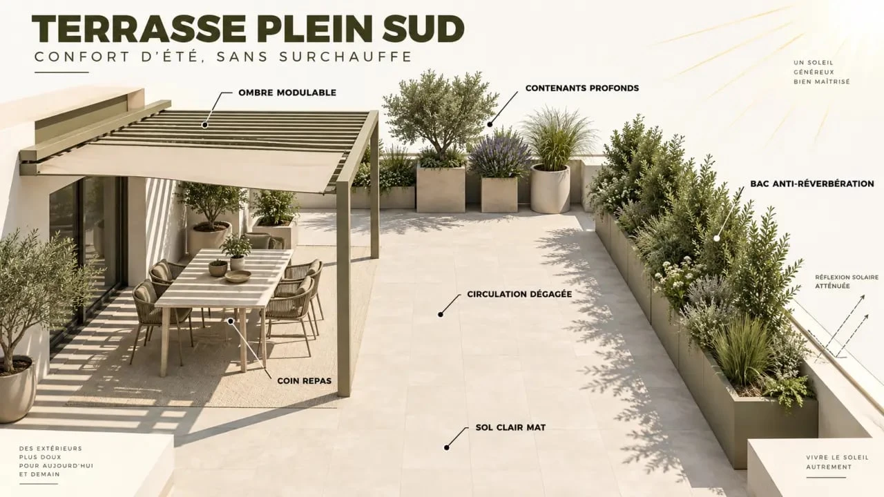 Aménagement d’une terrasse exposée plein sud avec ombrage, grands bacs et plantes résistantes à la chaleur