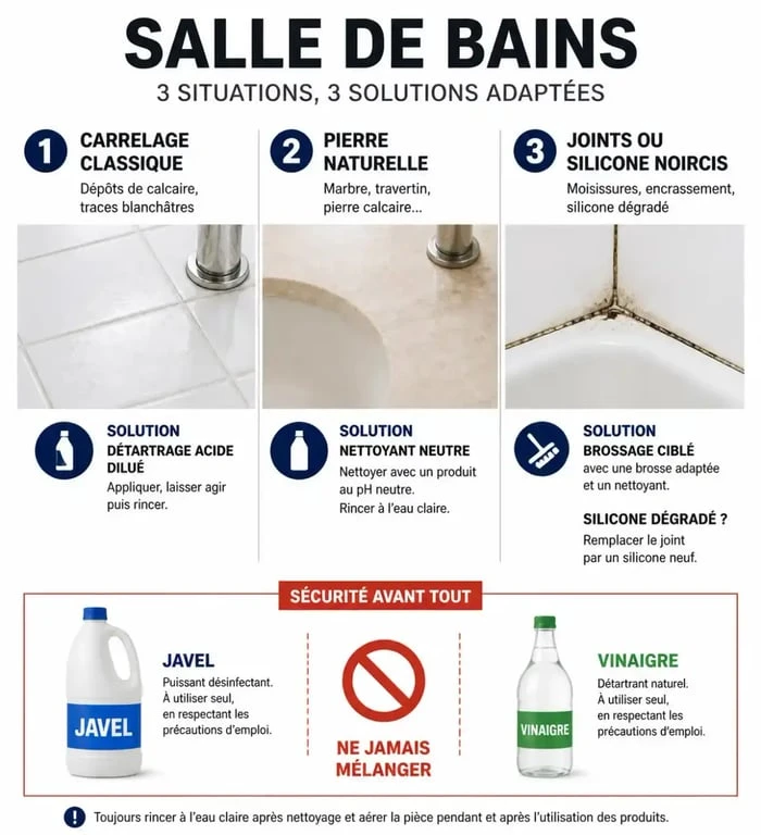 Comment nettoyer un carrelage de salle de bain selon le matériau et éviter les mélanges dangereux