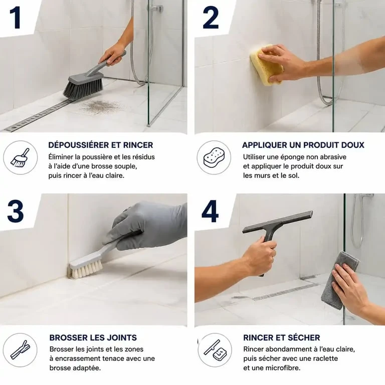 Comment nettoyer un carrelage de salle de bain : étapes de lavage, rinçage et séchage
