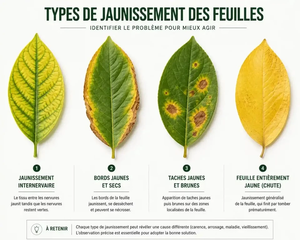 Comparaison visuelle des différents types de feuilles jaunes sur une plante verte selon la cause