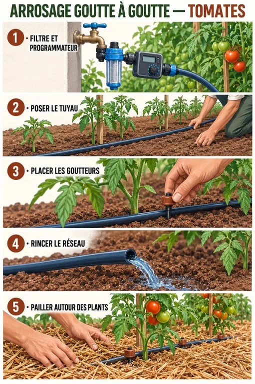 Installation d’un arrosage automatique tomates avec goutteurs et paillage
