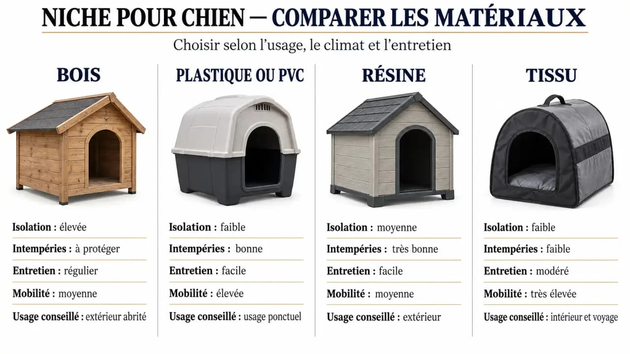 Infographie comparative des matériaux d'une maison pour chien : bois, plastique, résine et tissu