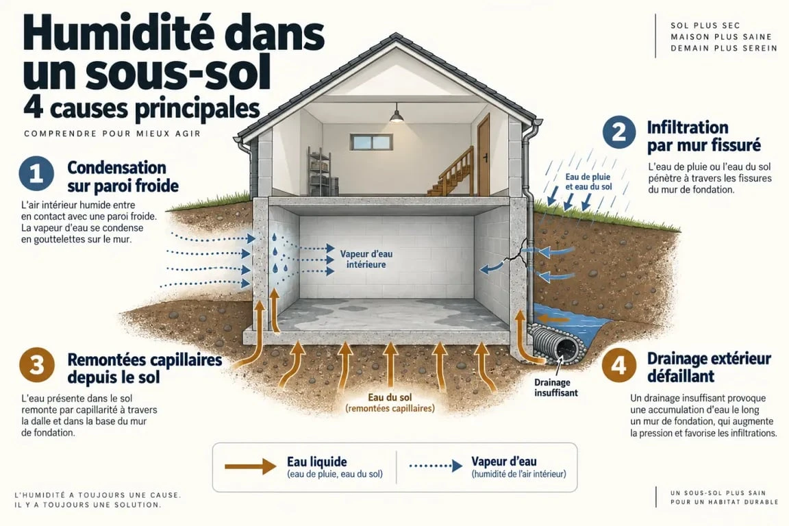 Infographie pour déshumidifier sous sol : distinguer condensation, infiltration, remontées capillaires et drainage