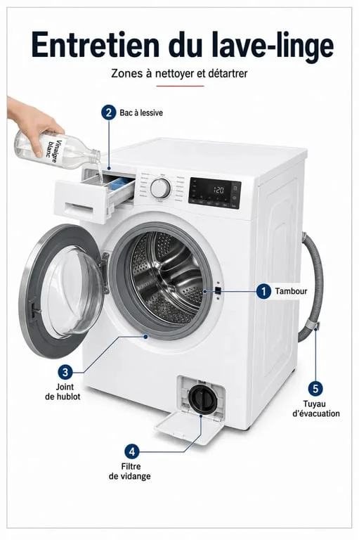 Détartrer machine à laver : schéma des zones à nettoyer dans le lave-linge