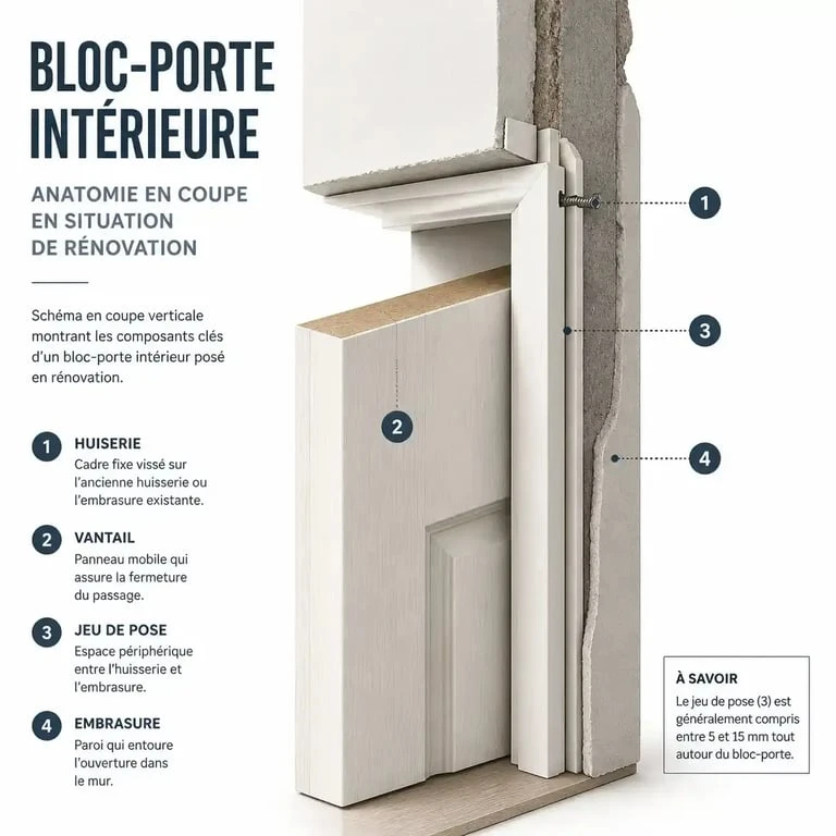 Schéma d'une porte d'intérieur pour rénovation avec huisserie et vantail