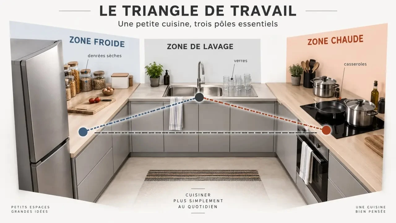 Organisation des trois zones pour optimiser les rangements dans une petite cuisine