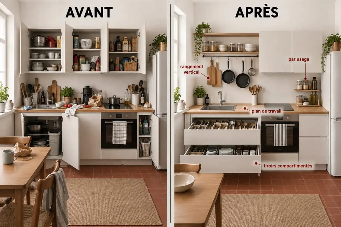 Avant après pour optimiser les rangements dans une petite cuisine