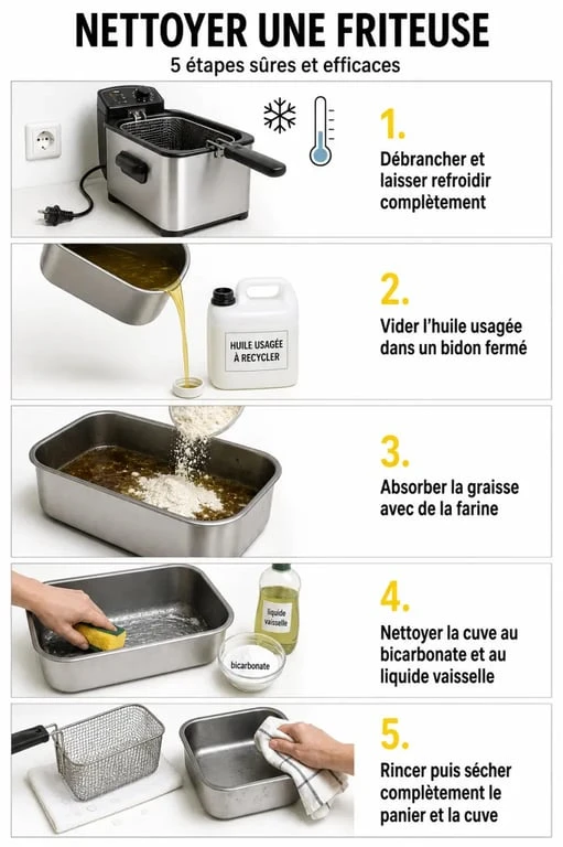 Friteuse nettoyage en étapes avec vidange, dégraissage et séchage complet