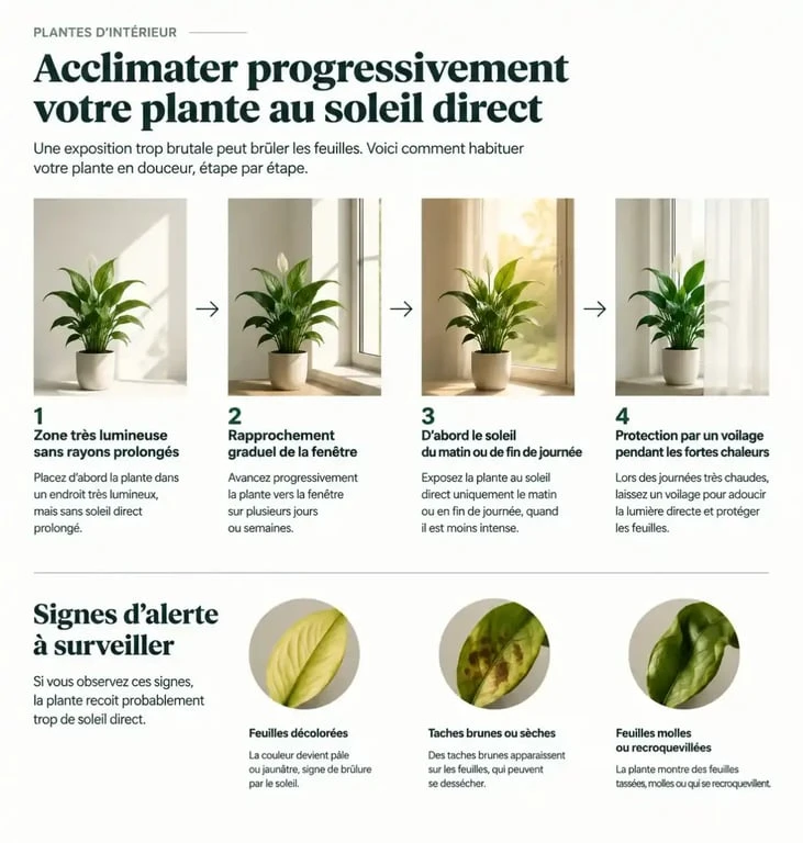Acclimatation d’une plante d intérieur soleil direct et symptômes de brûlure des feuilles