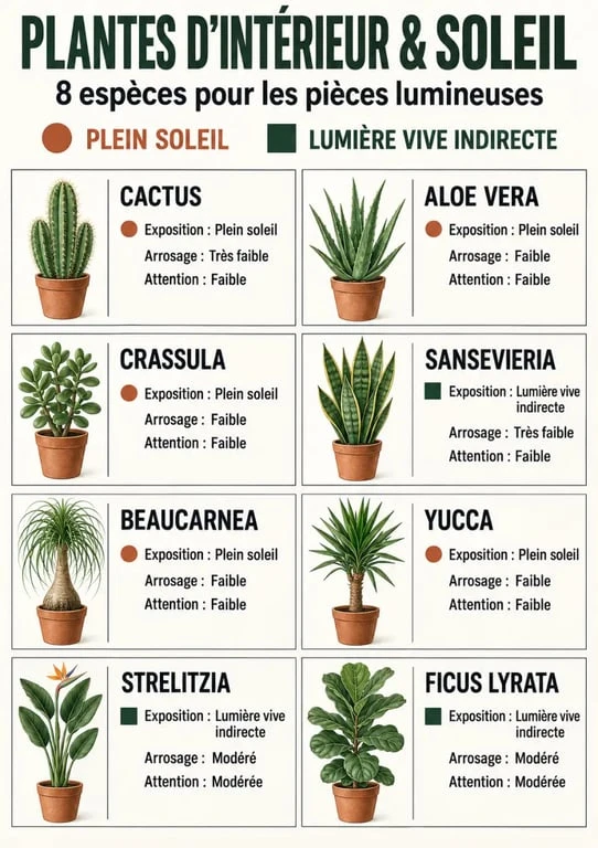 Infographie des plantes d intérieur soleil direct avec exposition, arrosage et niveau d’entretien