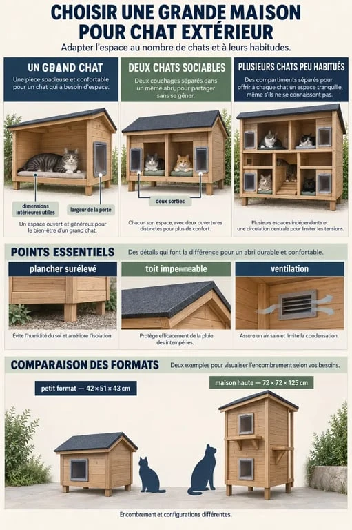Infographie pour choisir une grande maison pour chat extérieur selon le gabarit, le nombre de chats et les dimensions utiles