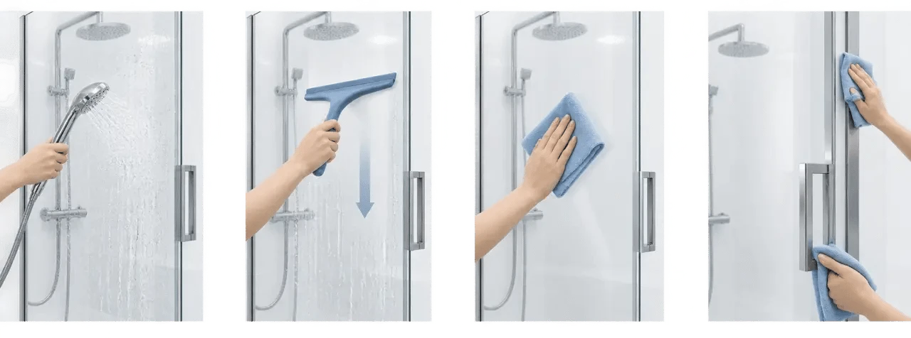 Nettoyage d’une paroi de douche en plexiglas avec rinçage, raclette souple et microfibre