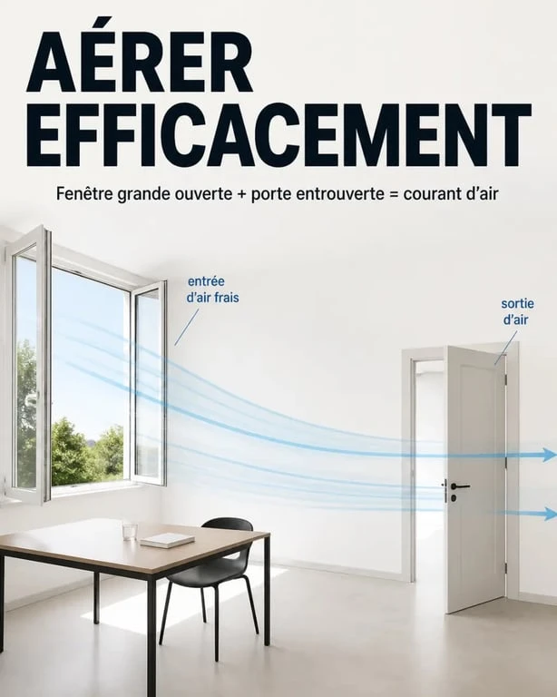 Aérer une pièce avec fenêtre ouverte et courant d’air dans un intérieur