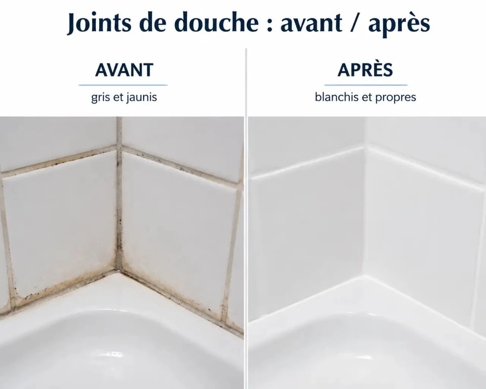 Blanchir les joints salle de bain avant après dans une douche carrelée