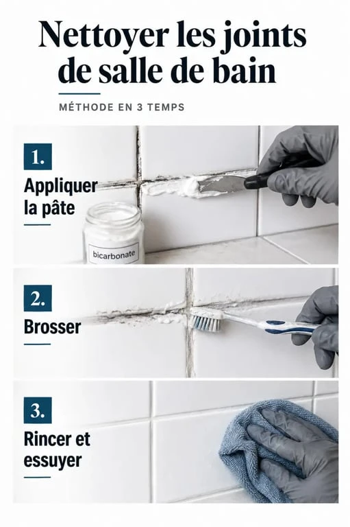 Blanchir les joints salle de bain étape par étape avec bicarbonate, brosse et rinçage