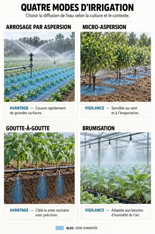 Infographie comparative des usages de l’arrosage par aspersion, de la micro-aspersion, du goutte-à-goutte et de la brumisation