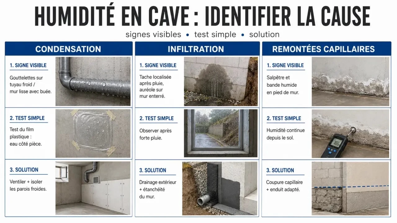 Humidité cave : schéma comparatif des causes, signes et solutions