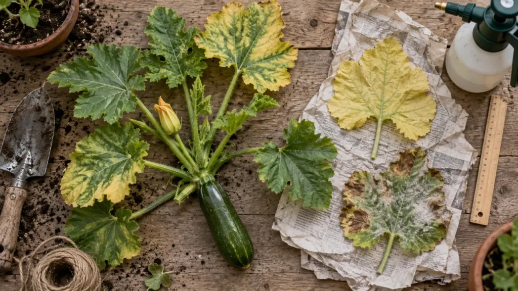 Feuilles de courgettes qui jaunissent : feuilles partiellement jaunies et taches brunes