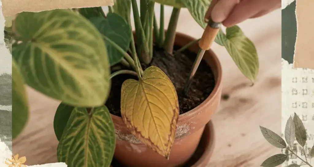 Feuilles jaunes plantes vertes : doigt teste le terreau d’une plante en pot