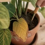 Feuilles jaunes plantes vertes : doigt teste le terreau d’une plante en pot