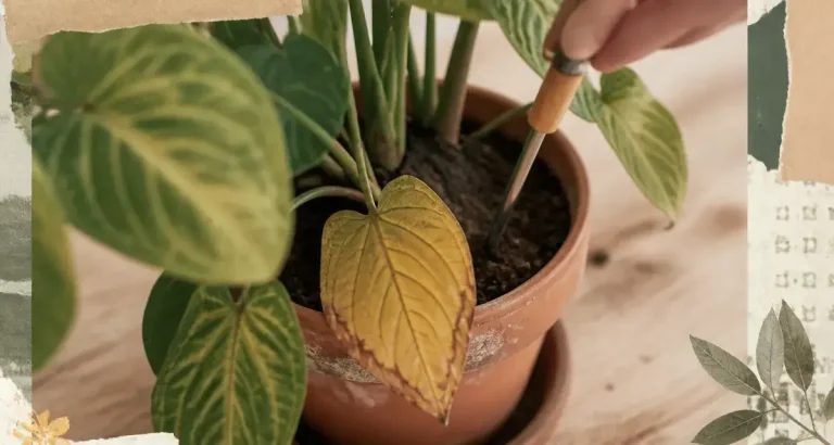 Feuilles jaunes plantes vertes : doigt teste le terreau d’une plante en pot