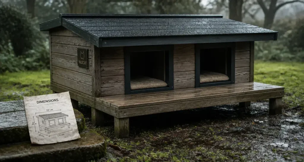 Grande maison pour chat extérieur humide après pluie, sol sec sous la cabane