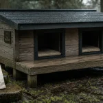 Grande maison pour chat extérieur humide après pluie, sol sec sous la cabane