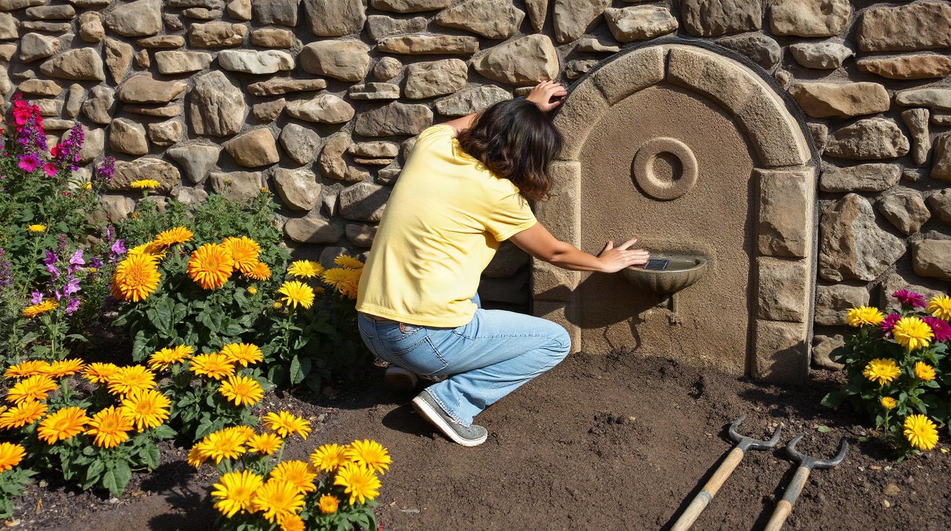 Installation d'une fontaine solaire dans un massif fleuri