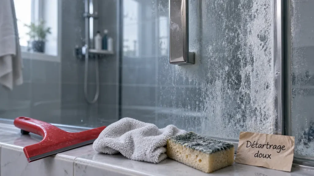 Paroi de douche calcaire incrusté, voile blanchâtre sur la vitre