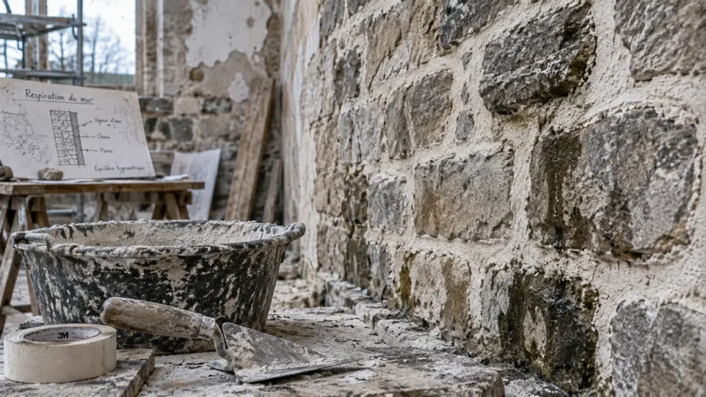 Rénovation maison en pierre : mur en pierre avec joints à la chaux et humidité