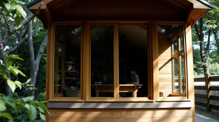 Abri de jardin en bois aménagé en bureau avec grandes fenêtres