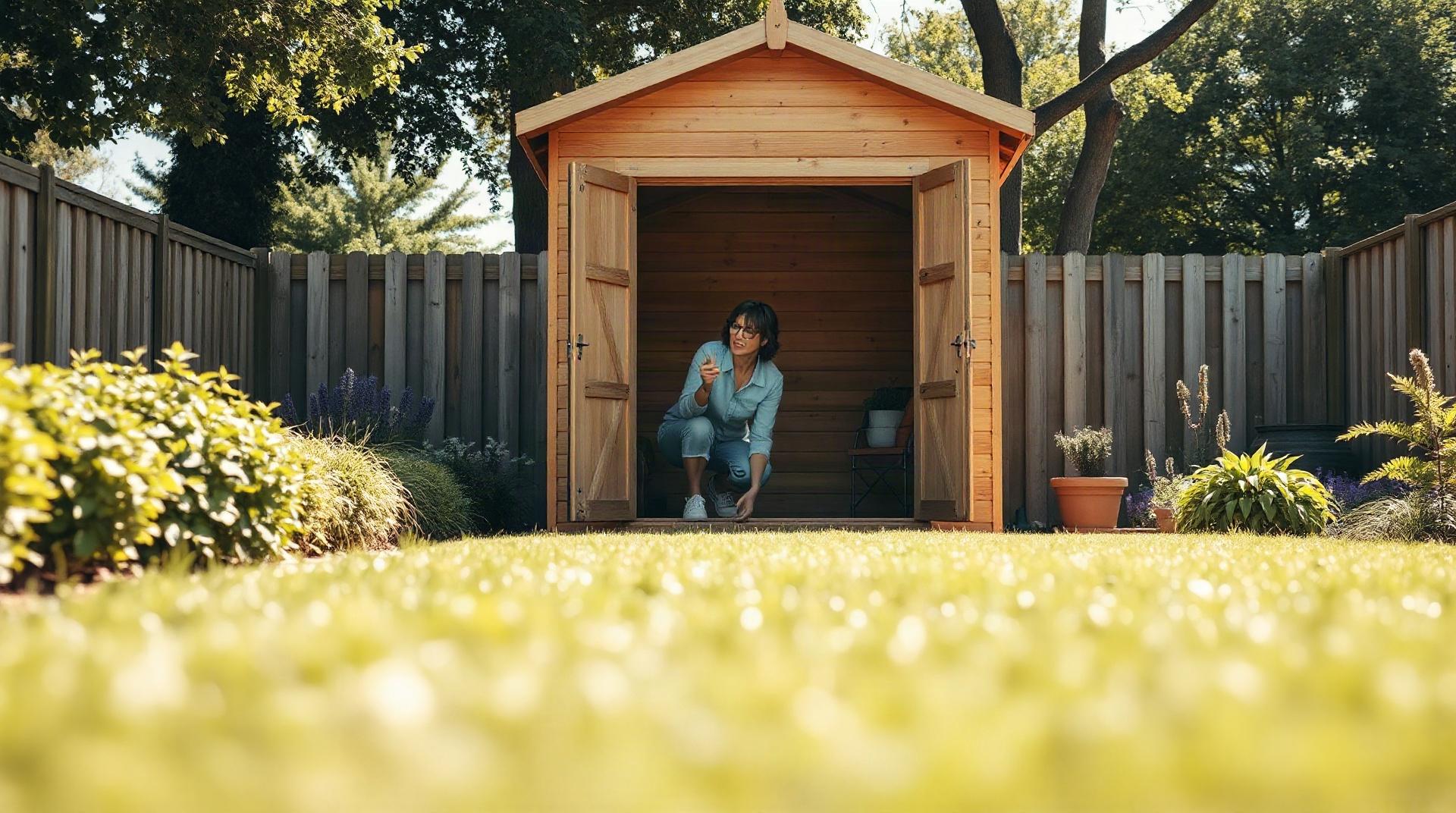 Abri de jardin moderne en bois posé sur une terrasse entretenue